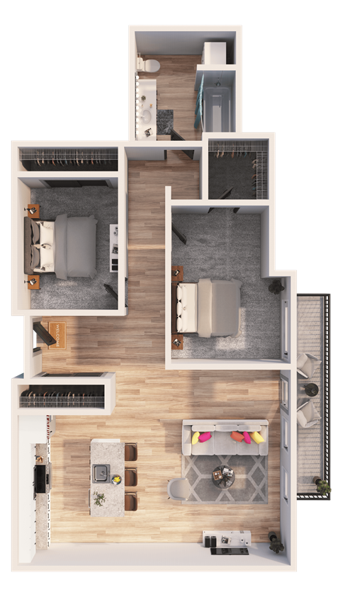 Floor plan for 2 beds, 1 bath, 973 sqft